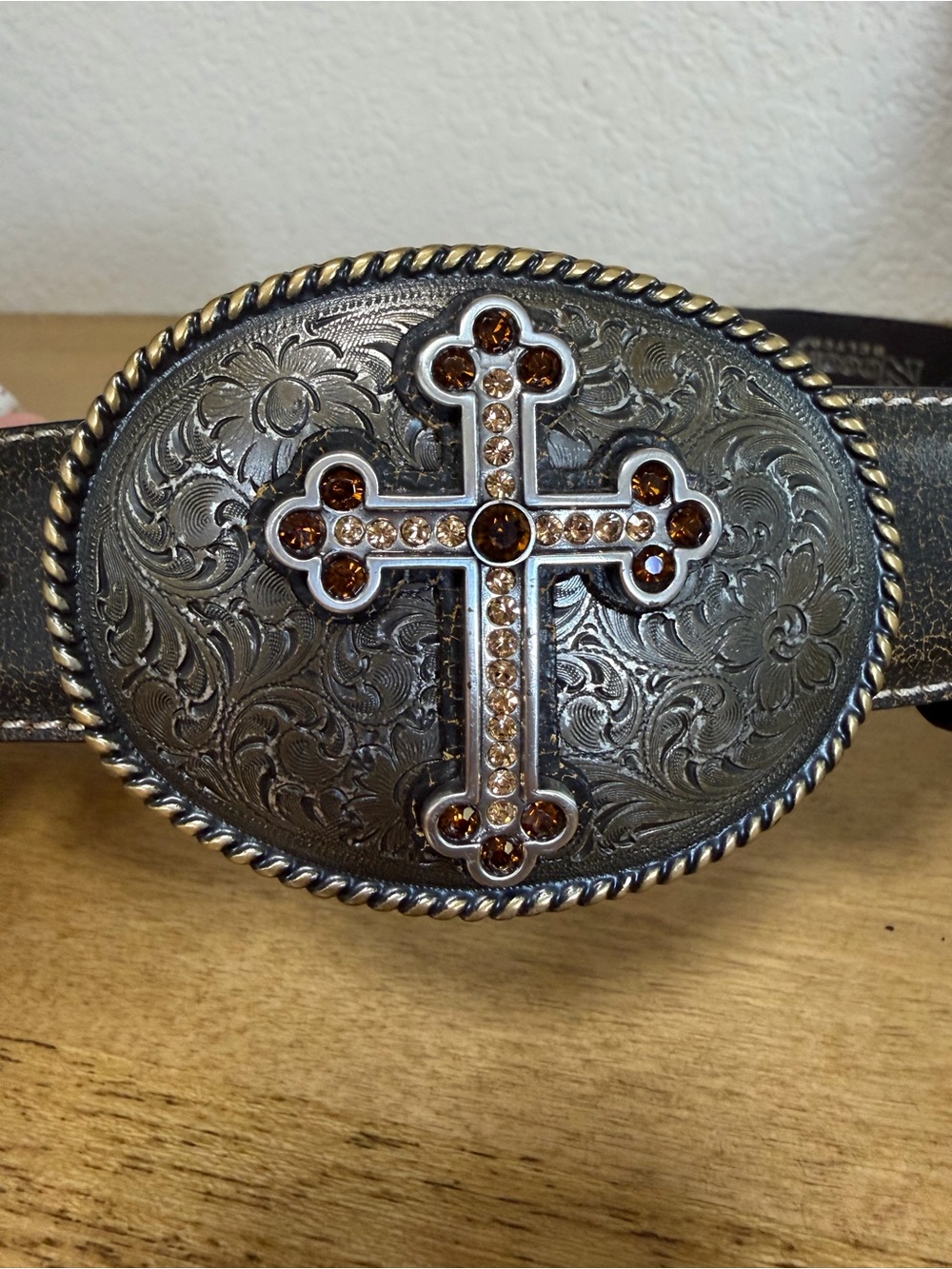 Nocona Silver-Tone Floral Engraved Belt Buckle with Amber Rhinestone Cross